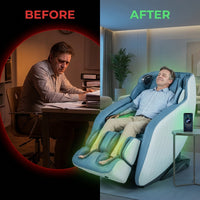 Blue Faux Leather Zero Gravity Recliner 3D Programmable Massage Chair — Before & After