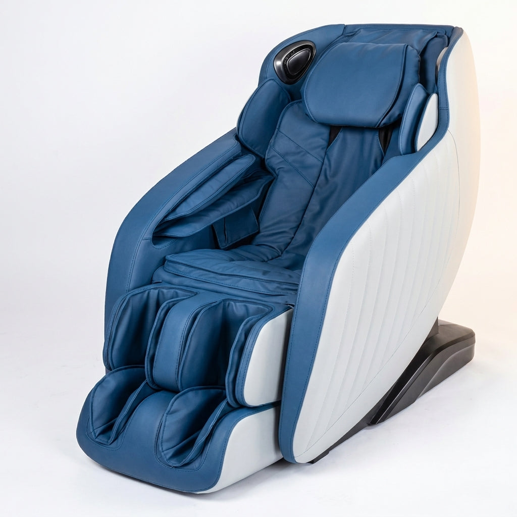 Blue Faux Leather Zero Gravity Recliner 3D Programmable Massage Chair — Studio Shot