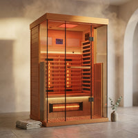Full Spectrum Infrared Sauna，1-2 Person Home Sauna，Wooden Canadian Hemlock Indoor Spa Sauna with Resonance Speaker, Panoramic Tempered Glass Door — Studio Shot