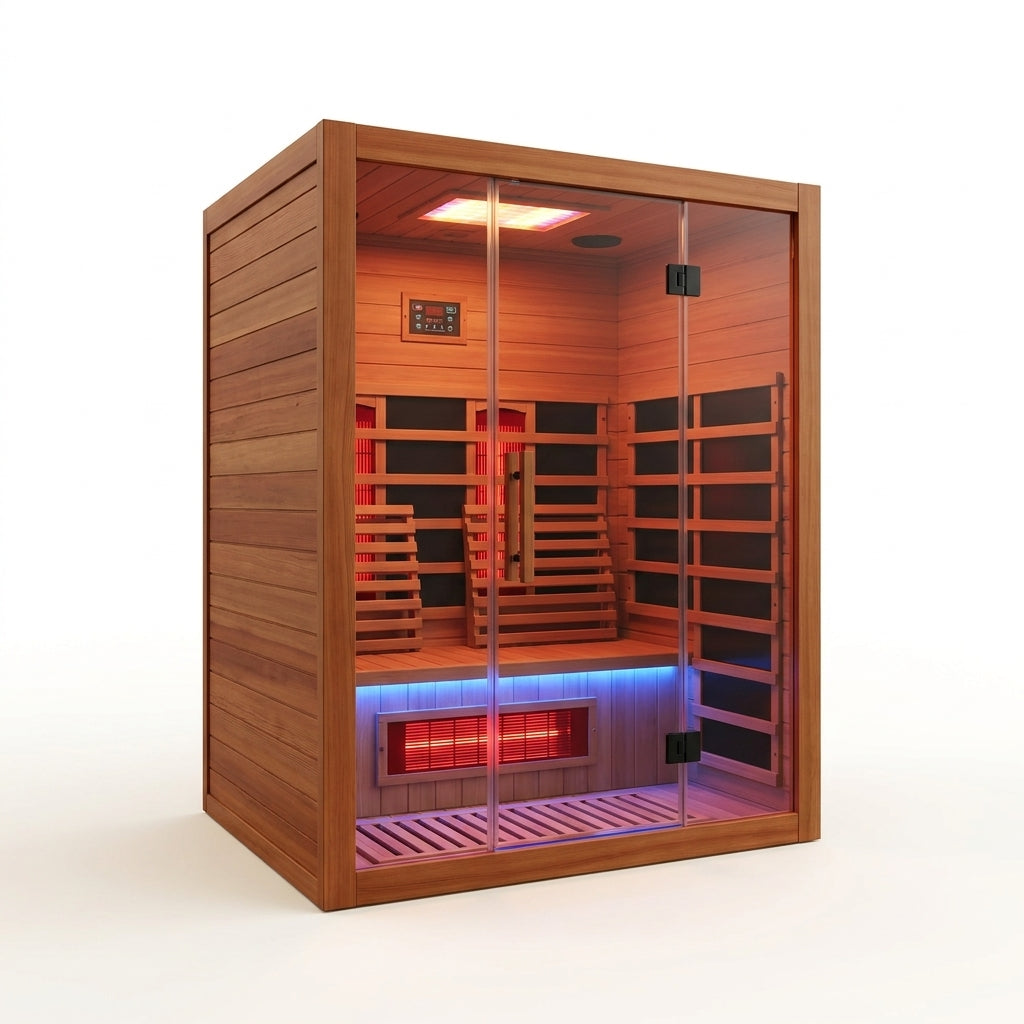 Full Spectrum Infrared Sauna，1-2 Person Home Sauna，Wooden Canadian Hemlock Indoor Spa Sauna with Resonance Speaker, Panoramic Tempered Glass Door — Studio Shot